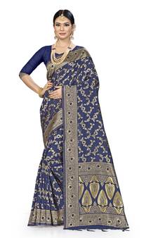 Navy Blue Woven  Art Silk Saree With Blouse