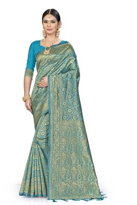 Sky Blue Woven Banarasi Silk Saree With Blouse 1