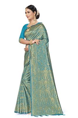 Sky Blue Woven Banarasi Silk Saree With Blouse 3