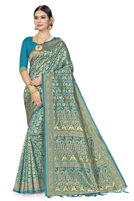Sky Blue Woven Banarasi Silk Saree With Blouse 1