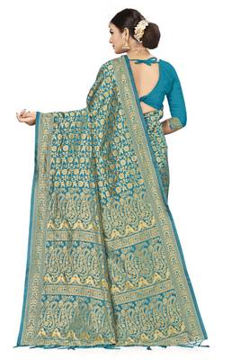 Sky Blue Woven Banarasi Silk Saree With Blouse 2