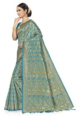 Sky Blue Woven Banarasi Silk Saree With Blouse 3