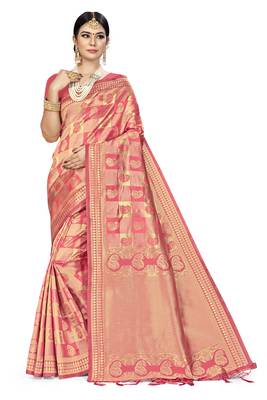 Peach Woven Banarasi Silk Saree With Blouse 1