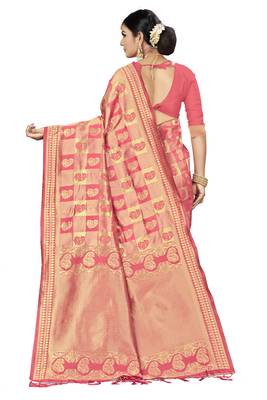 Peach Woven Banarasi Silk Saree With Blouse 2