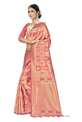 Peach Woven Banarasi Silk Saree With Blouse 3