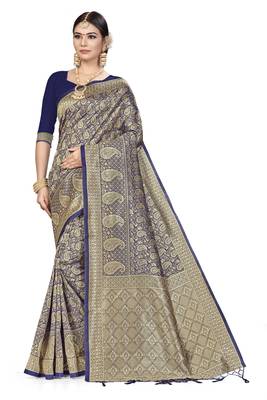 Navy Blue Woven  Art Silk Saree With Blouse 1