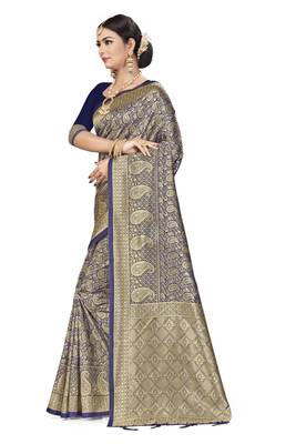 Navy Blue Woven  Art Silk Saree With Blouse 3