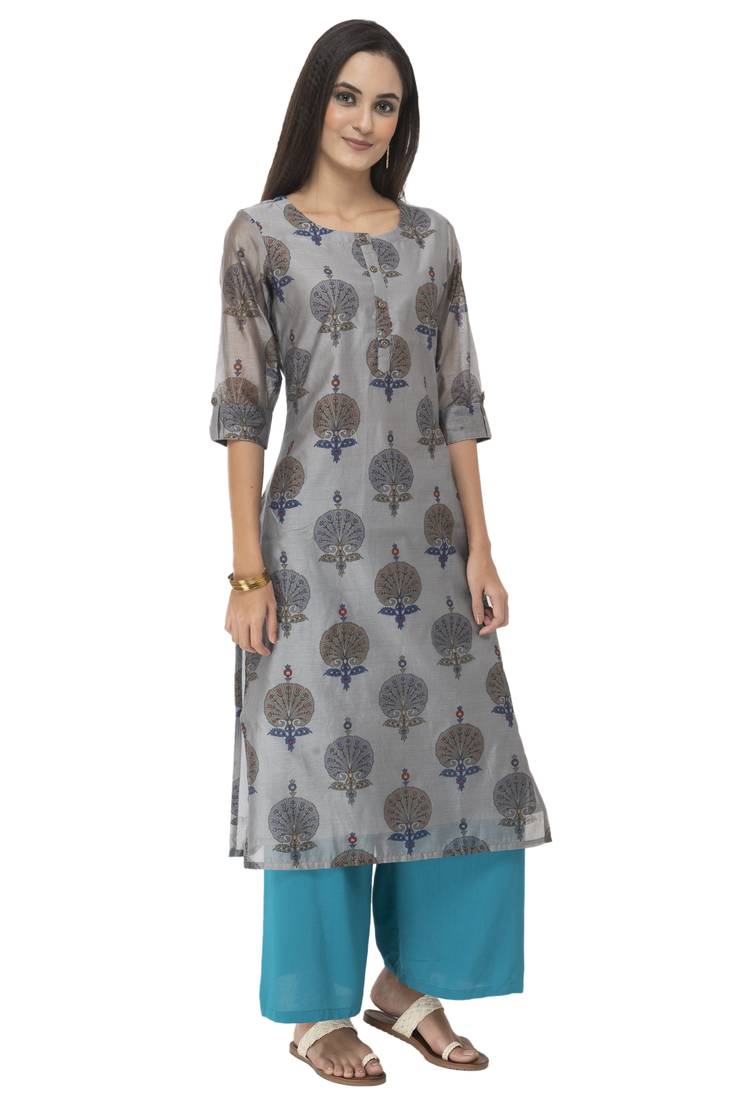 Women grey printed art silk kurti