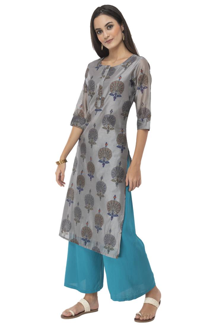 Women grey printed art silk kurti