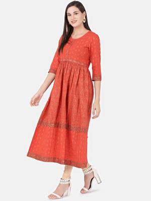 Orange printed cotton kurtas-and-kurtis 1