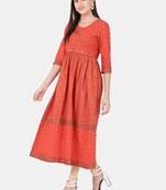 Orange printed cotton kurtas-and-kurtis