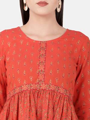 Orange printed cotton kurtas-and-kurtis 4