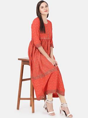 Orange printed cotton kurtas-and-kurtis 5