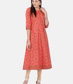 Peach printed cotton kurtas-and-kurtis