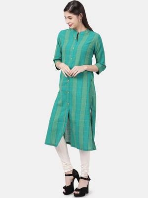 Teal woven cotton kurtas-and-kurtis 5