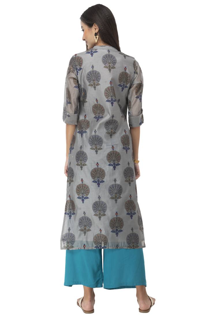Women grey embroidered silk blend kurti