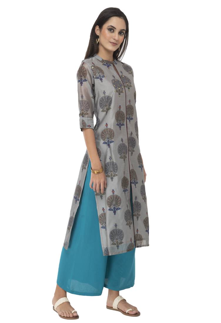 Women grey embroidered silk blend kurti