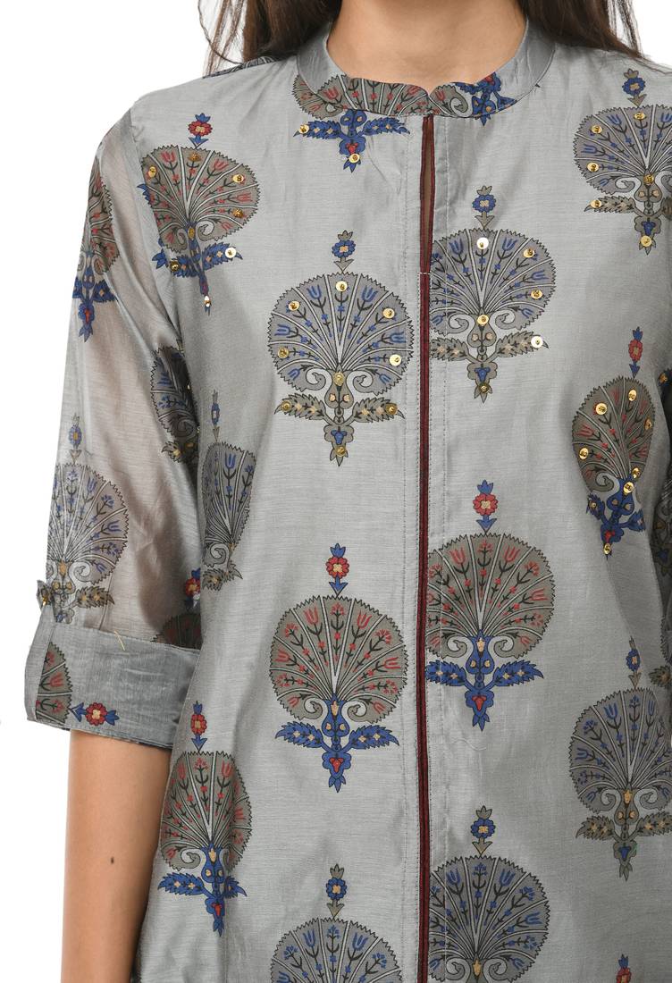 Women grey embroidered silk blend kurti