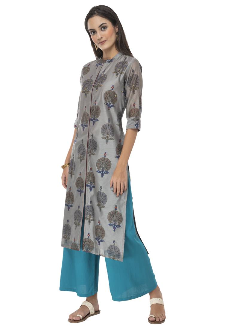 Women grey embroidered silk blend kurti