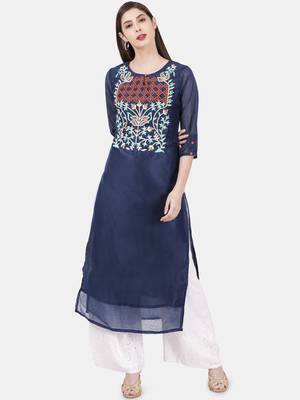 Dark-blue embroidered chanderi kurtas-and-kurtis 1