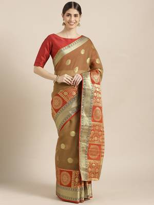 Kimisha Women's Brown Kota Doria Zari Woven Saree with Zari Border 1