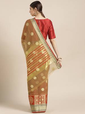 Kimisha Women's Brown Kota Doria Zari Woven Saree with Zari Border 2