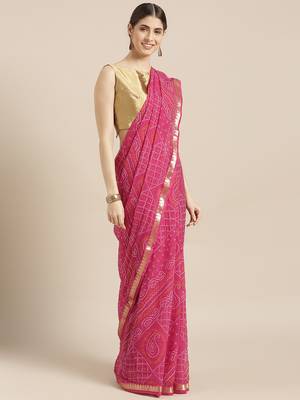 Kimisha Women's Pink Color Georgette Bandhani Print Saree 1