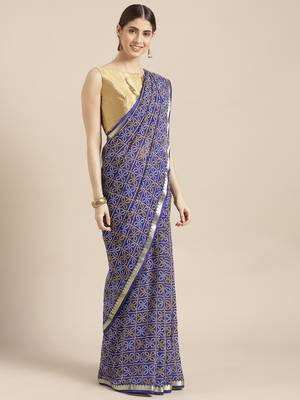 Blue printed georgette saree with blouse 1
