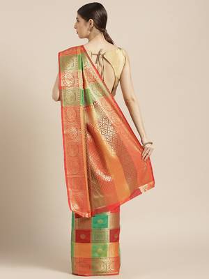 Kimisha Women's Green Silk Blend Woven Design Banrasi Saree 2