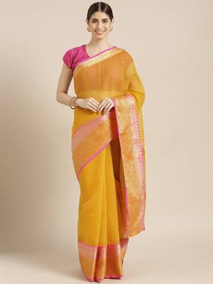Kimisha Women's Yellow Kota Doria Saree with Zari Border 1