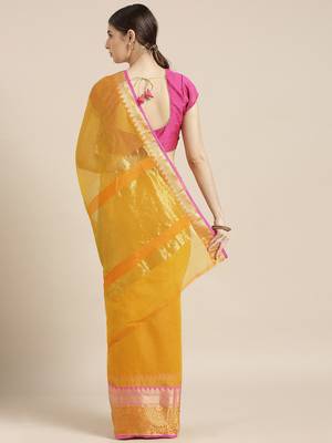 Kimisha Women's Yellow Kota Doria Saree with Zari Border 2