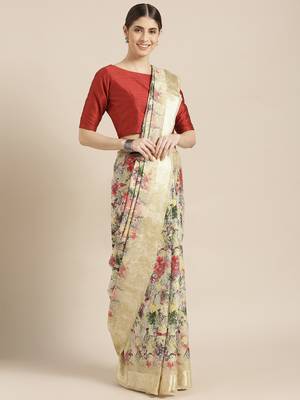 Kimisha Women's Yellow Silk Cotton Floral Digital Printed Saree 1