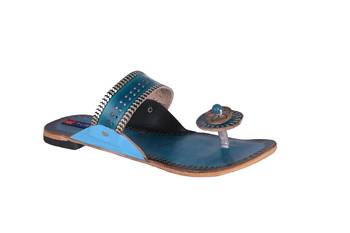 Women Leather Blue open thong kolhapuri 1