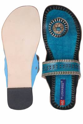 Women Leather Blue open thong kolhapuri 5