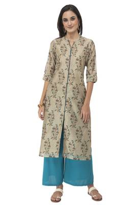 Women gold embroidered Silk Blend kurti 1