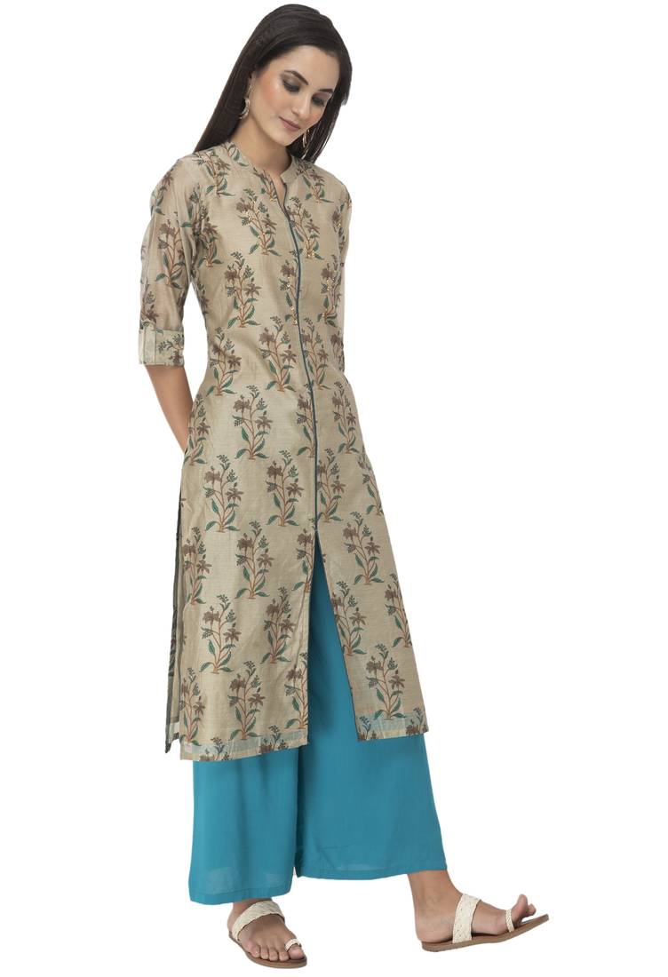 Women gold embroidered Silk Blend kurti