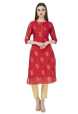 Women red printed chanderi kurti 1