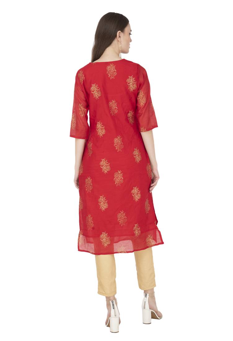 Women red printed chanderi kurti