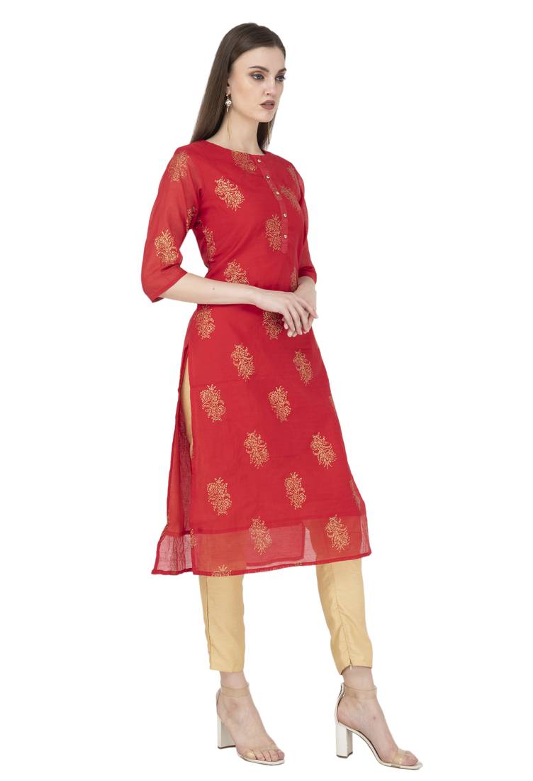 Women red printed chanderi kurti
