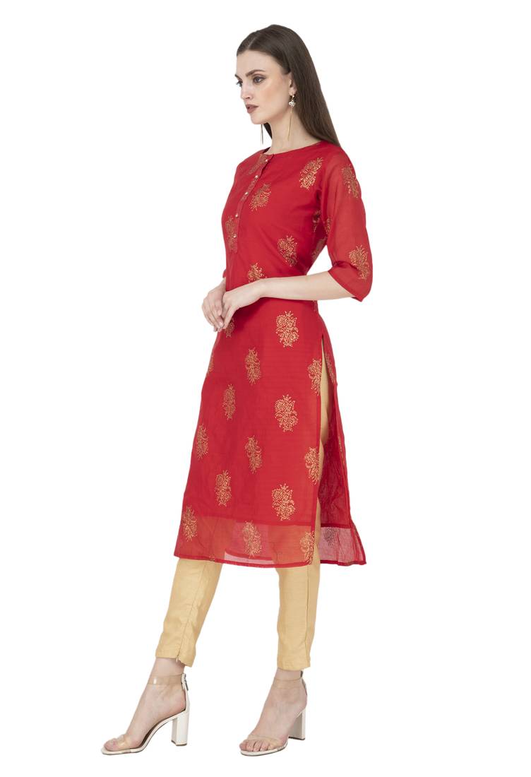 Women red printed chanderi kurti