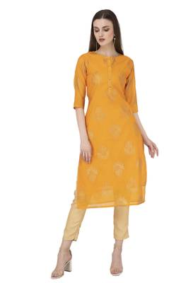 Women yellow printed chanderi kurti 1