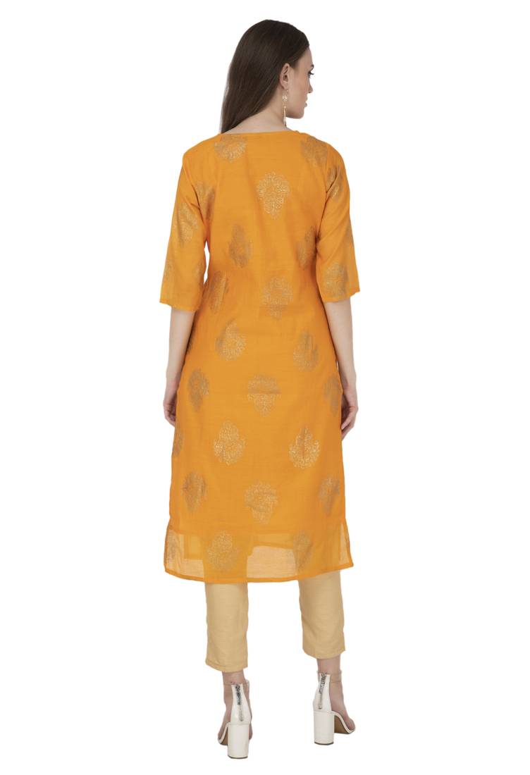 Women yellow printed chanderi kurti
