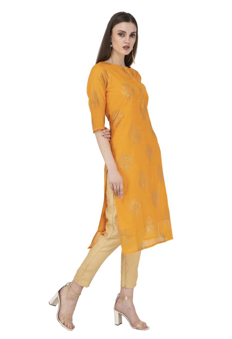 Women yellow printed chanderi kurti