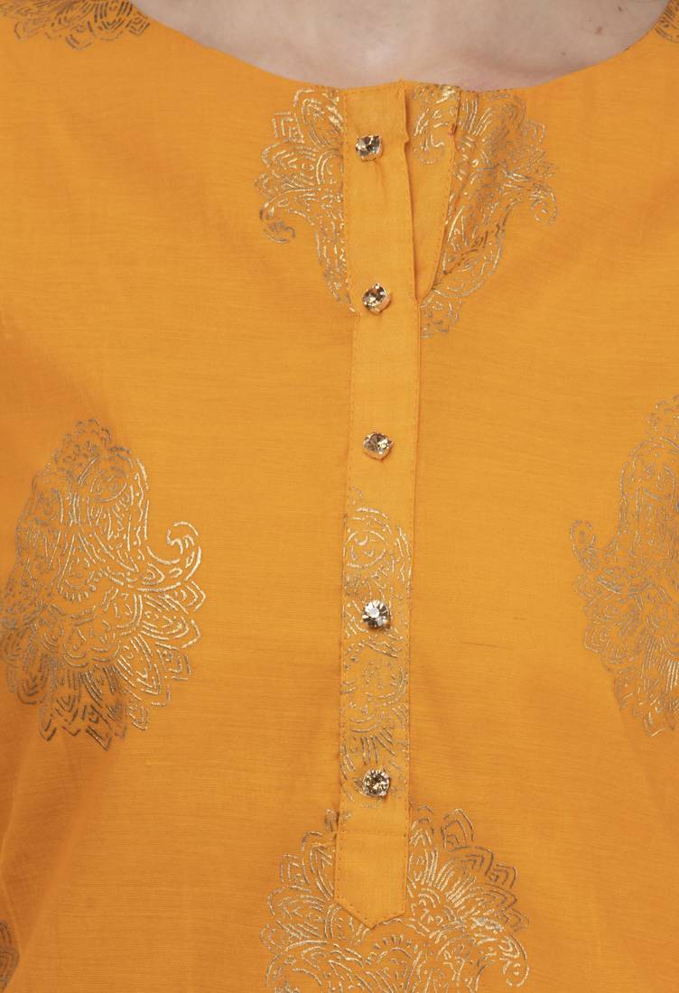 Women yellow printed chanderi kurti
