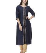 Women blue embroidered art Silk kurti