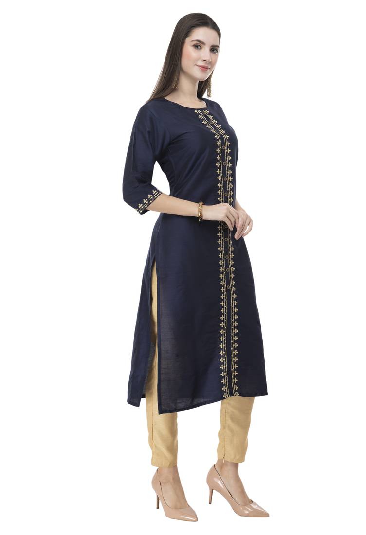 Women blue embroidered art Silk kurti