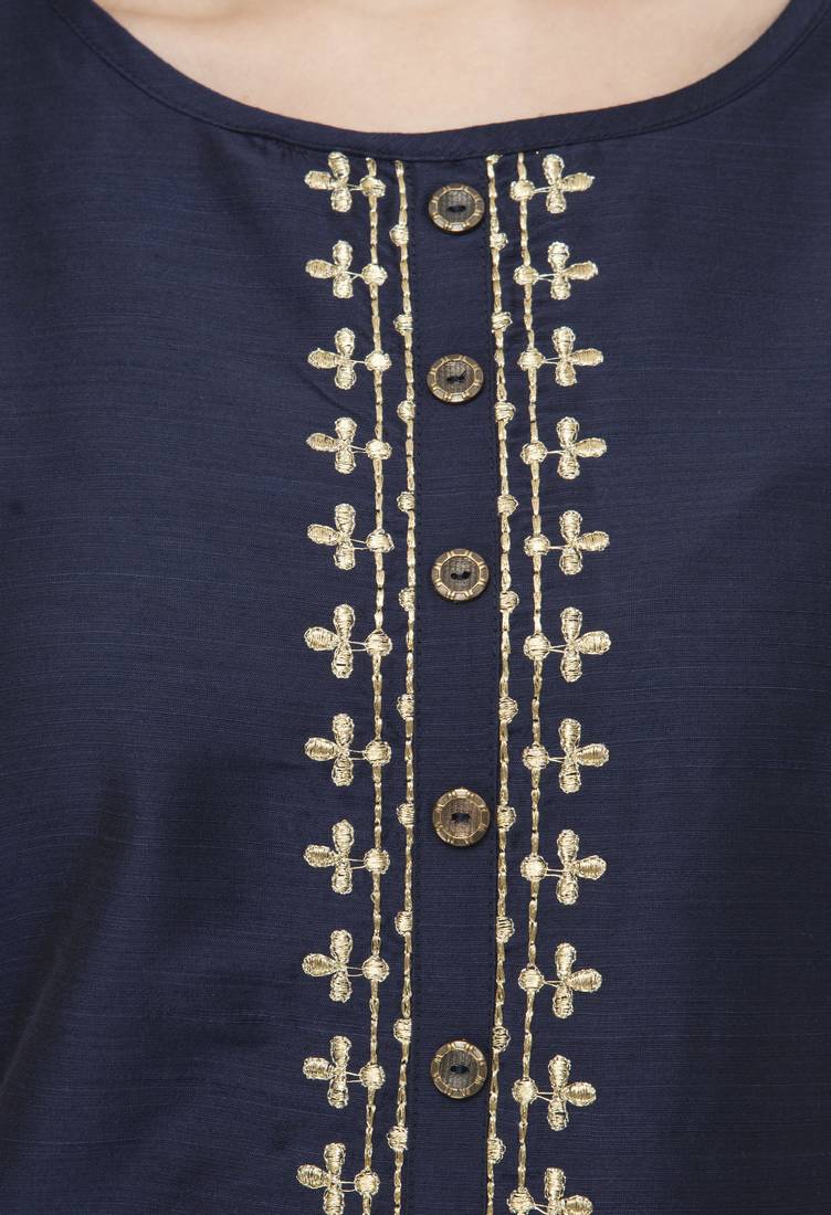 Women blue embroidered art Silk kurti