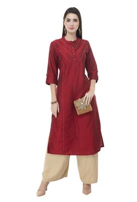 Women maroon embroidered art Silk kurti 1