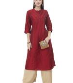 Women maroon embroidered art Silk kurti