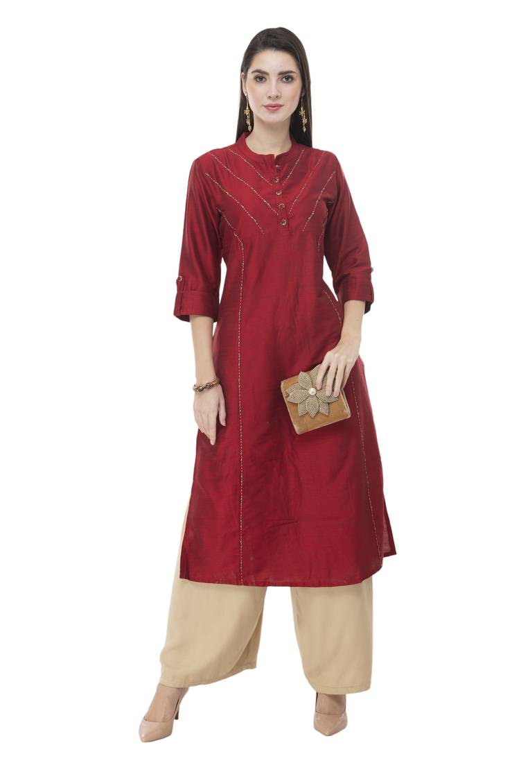 Women maroon embroidered art Silk kurti
